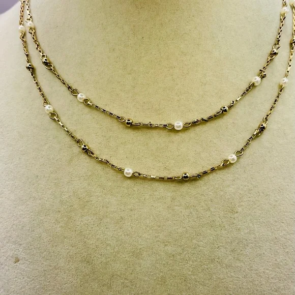 LOFT Gold and Pearl Bead Station Layered Necklace. 14 inches w/a 3 inch extender - Picture 1 of 5